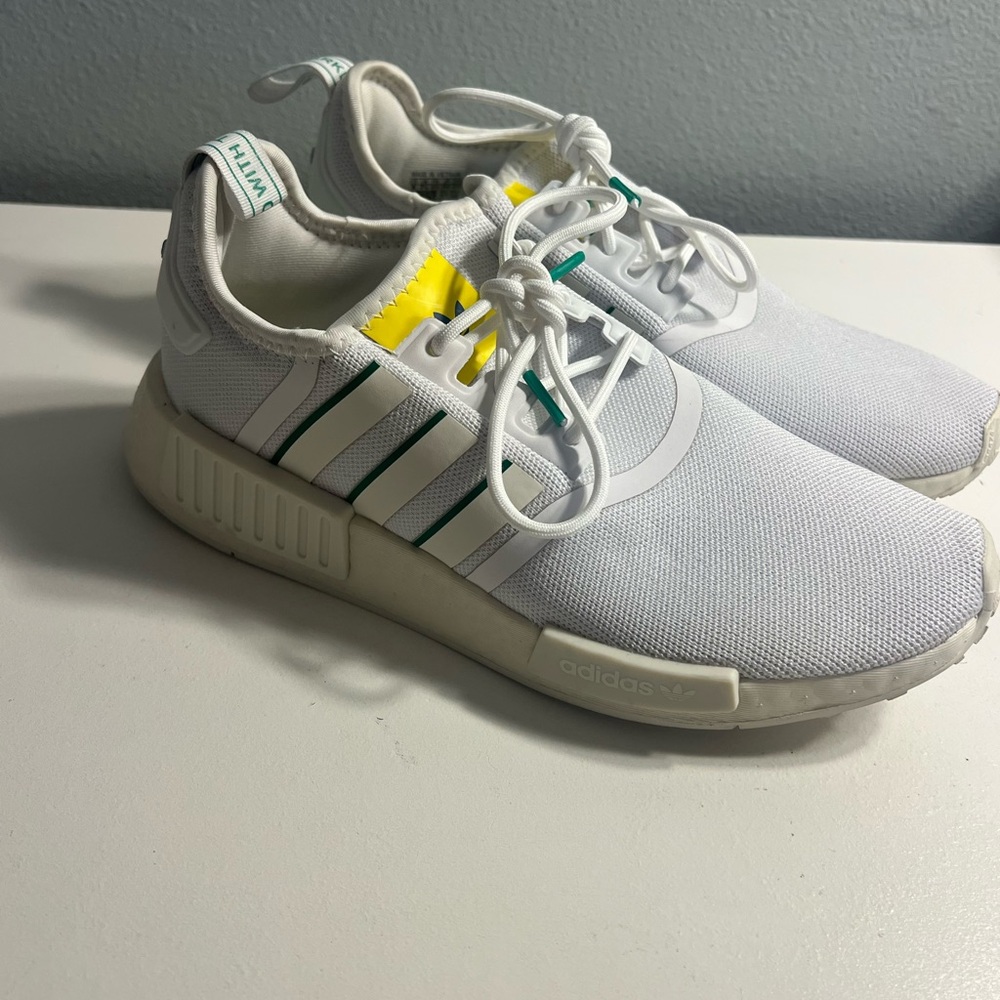 Adidas White NMD Sneakers with Yellow and Green Details